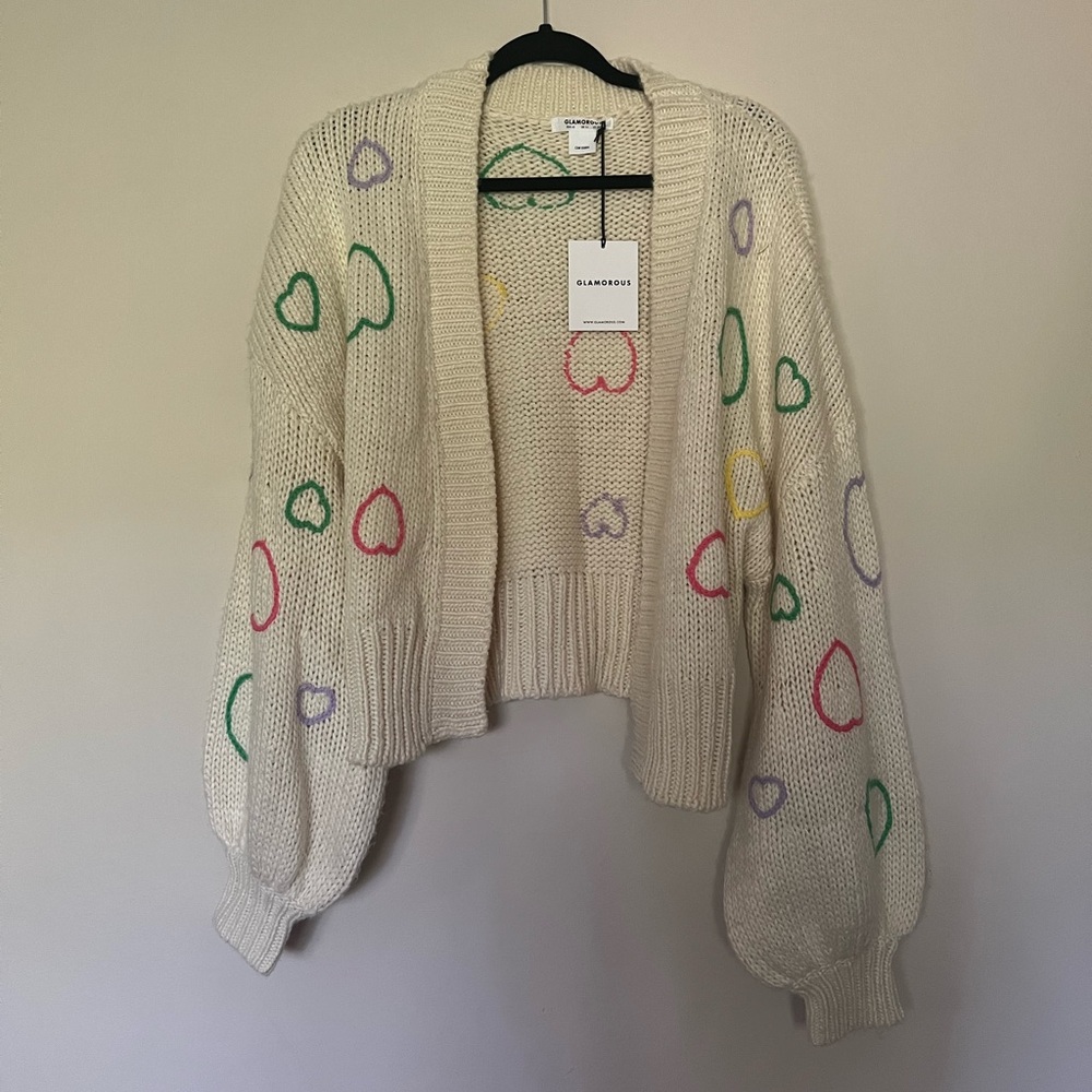 Glamorous Cream Cardigan with Multicolor Heart Patterns — New w/ Tags